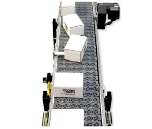 a case turning conveyor with multiple boxes