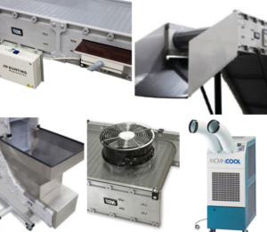 a variety of conveyor accessories including a metal detector, product rejection chute, hopper, cooling fan and air cooler