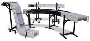DynaCon modular conveyors including a z-style conveyor, flat conveyor, and radius turn conveyor