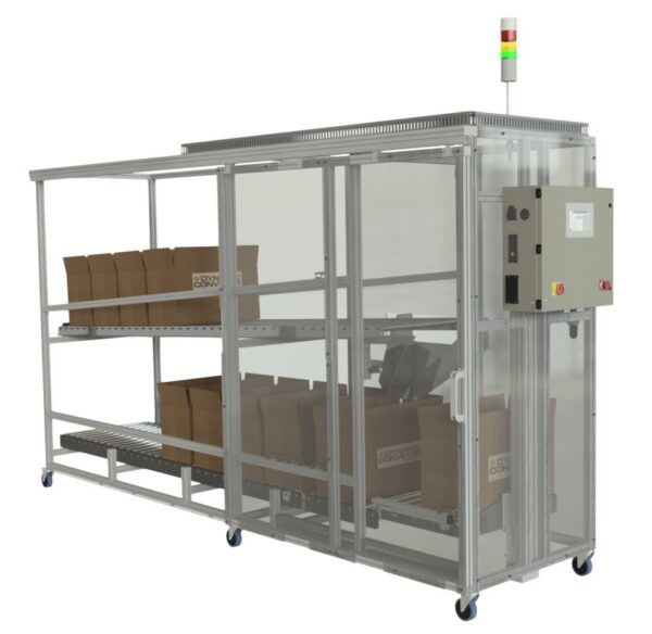 An over-under box filling system with boxes on the top and bottom conveyors.