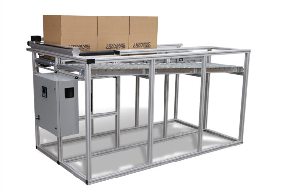 A Side by Side Box Filling Conveyor with three packages on top