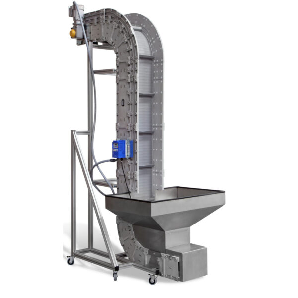 A vertical conveyor with a hopper underneath