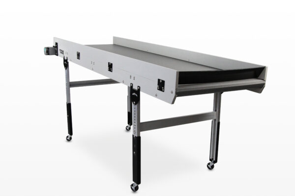 A front left view of a Dynapro low profile incline conveyor with adjustable height legs