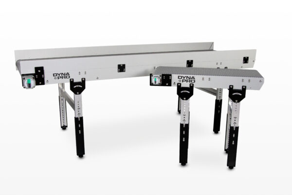 Two DynaPro low profile conveyors, one long and flat with sidewalls, and one short and skinny with adjustable leg supports