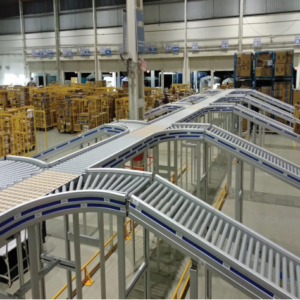 A system of ten incline roller conveyors conveying boxes up to a long zone powered conveyor in a distribution center