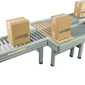 An overhead view of a DynaRoller packaging conveyor conveying and transferring brown boxes