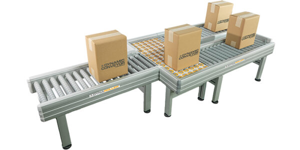 An overhead view of a DynaRoller packaging conveyor conveying and transferring brown boxes
