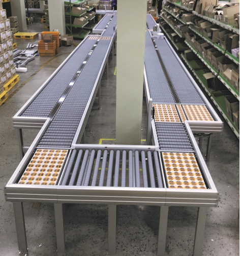 A powered roller conveyor with dual lanes and 90 degree transfers in a warehouse