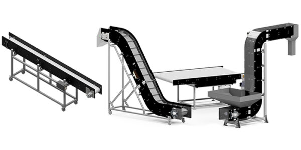 A rendering of the Hybrid specialty conveyor line, with a skinny conveyor, a wide flat conveyor, an incline conveyor and a vertical bucket conveyor