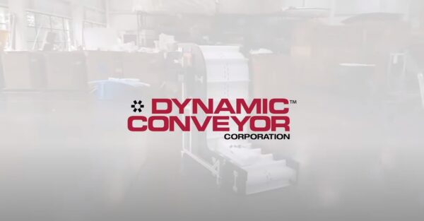 Dynamic Conveyor Corporation logo slightly transparent showing an image of a conveyor behind