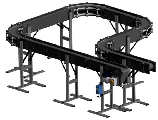 A rendering of a Hybrid skinny conveyor system with radius turns