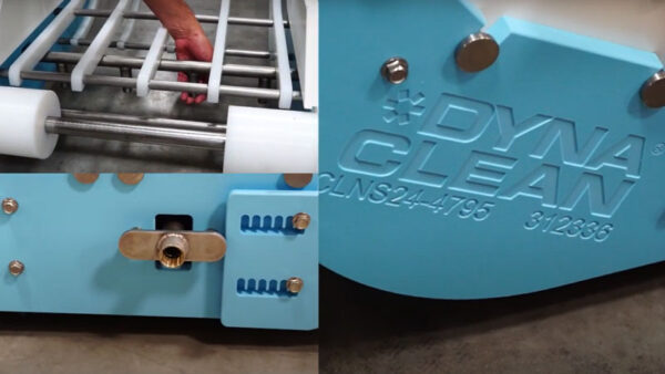 3 close-up images of aspects of a DynaClean conveyor including a clean in place accessory