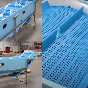 Close-up images of DynaClean blue plastic conveyor belting on a custom wave-style sanitary conveyor