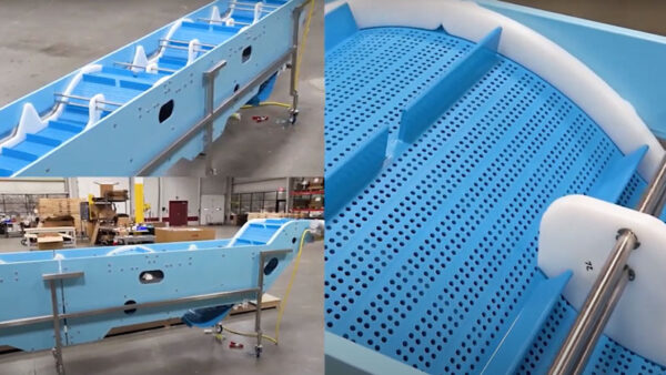 Close-up images of DynaClean blue plastic conveyor belting on a custom wave-style sanitary conveyor