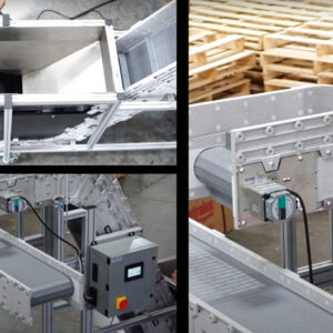 A collage of 3 images of Dynacon Conveyors - the first is an overhead view of a conveyor hopper, the second is a flat conveyor with a perpendicular incline conveyor above it, and a close up of the alarm light