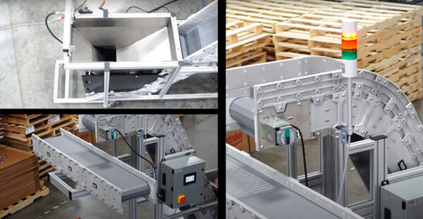 A collage of 3 images of Dynacon Conveyors - the first is an overhead view of a conveyor hopper, the second is a flat conveyor with a perpendicular incline conveyor above it, and a close up of the alarm light