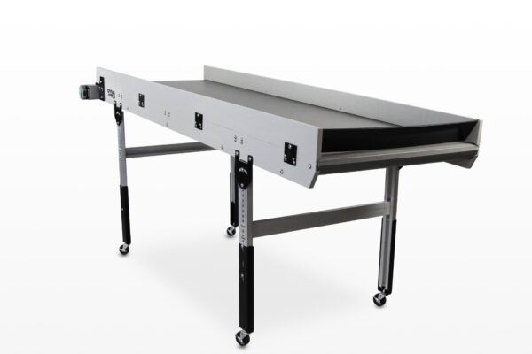 A DynaPro low profile conveyor with sidewalls and an end retainer