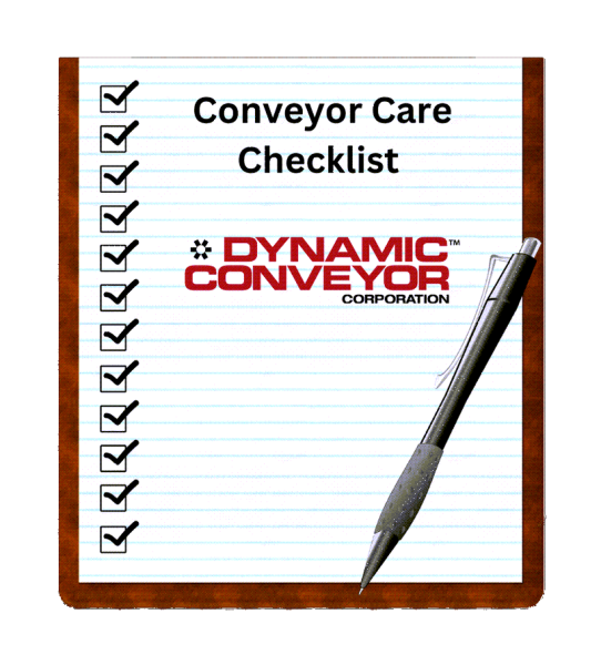 A graphic of a clipboard with a Conveyor Care Checklist and a pen on top