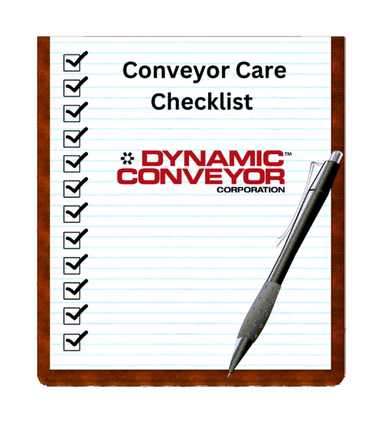 A graphic of a clipboard with a Conveyor Care Checklist and a pen on top 