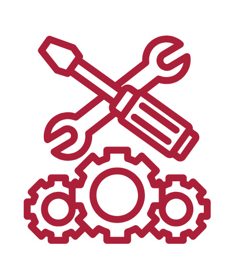 Gears, a screwdriver, and a wrench representing maintenance