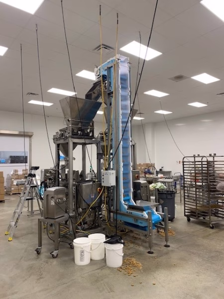 Bulk Fill Bakery Application incline filling conveyor in a bakery manufacturing facility