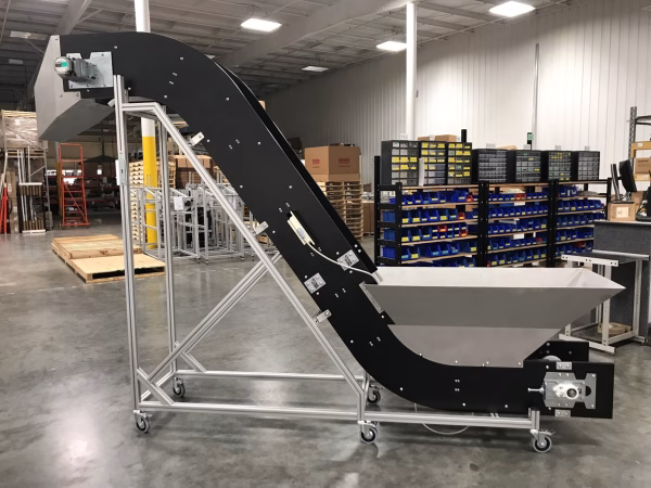 Hybrid with Hopper and Metal Detection hybrid conveyor section with hopper for bulk filling and metal detection attached
