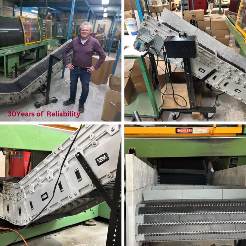 collage of old and new conveyor systems at A and F souvenir manufacturing
