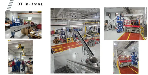 collage of overhead conveyors installed at ITW Dahti Seating company