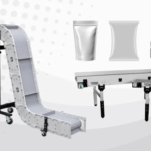 DynaCon Z conveyor and DynaPro low profile conveyor with plastic packages