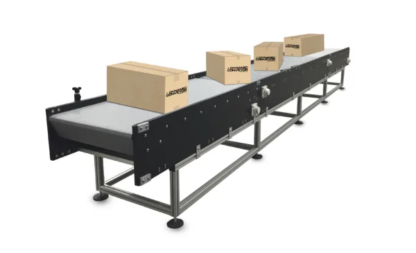 Dynamic Conveyor Case turning Isolated w 4 Turning Boxes Dynamic Conveyor Case Turning conveyor belt with boxes changing orientation