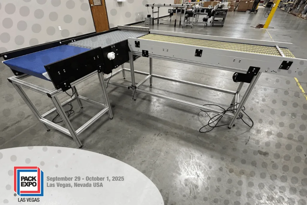 right angle conveyor section with pack expo las vegas 2025 logo