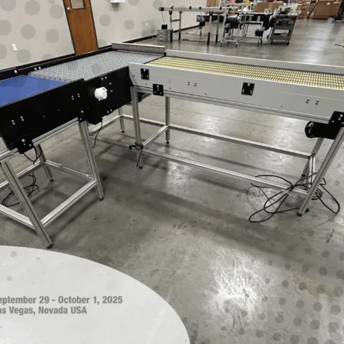 right angle conveyor section with pack expo las vegas 2025 logo