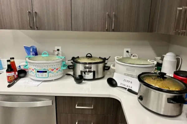 Souper-Social-Crock-Pots crockpots on the counter of the breakroom at Dynamic Conveyor