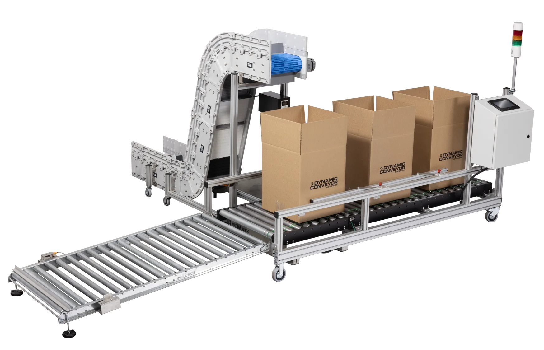 An inline box filling conveyor with boxes on top, with an incline conveyor attached that feeds product into the boxes to be filled.