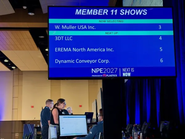 Screen showing Dynamic conveyor at the NPE 2027 booth selection day