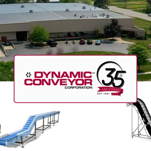 photo collage with Dynamic Conveyor building in Norton Shores, DynaClean conveyor line, Hybrid conveyors, and 35th anniversary logo