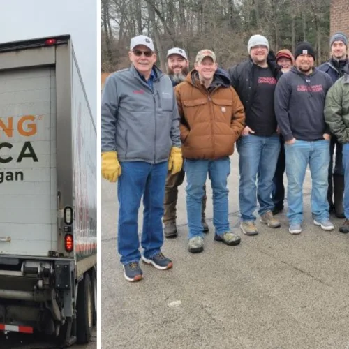 feeding America West Michigan Food Truck and group of volunteers from Dynamic Conveyor