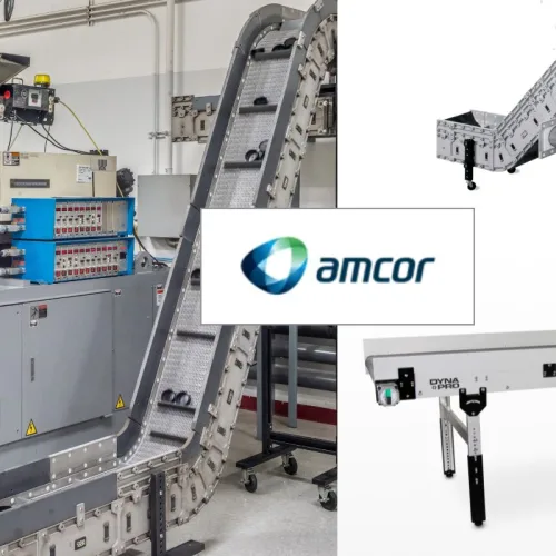collage of conveyor photos with DynaCon and DynaPro Low profile models and Amcor logo