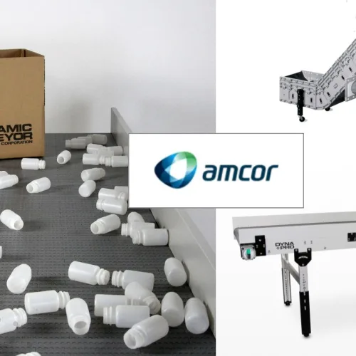 collage of caonveyor photos with DynaCon and DynaPro Low profile models and Amcor logo