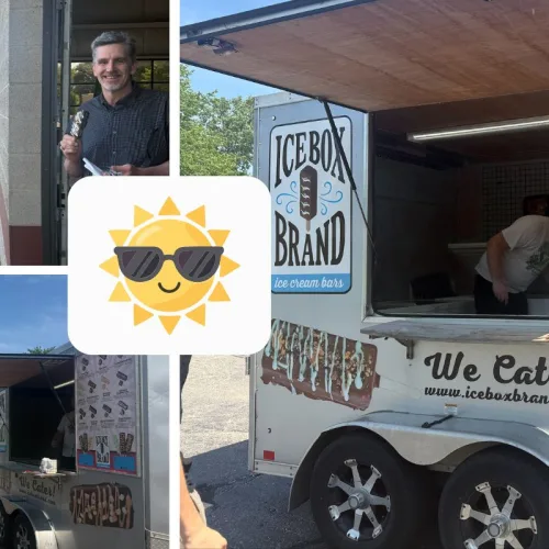 collage of photos with Ice Box Brnad Ice cream truck and Dynamic Conveyor employees eating ice cream
